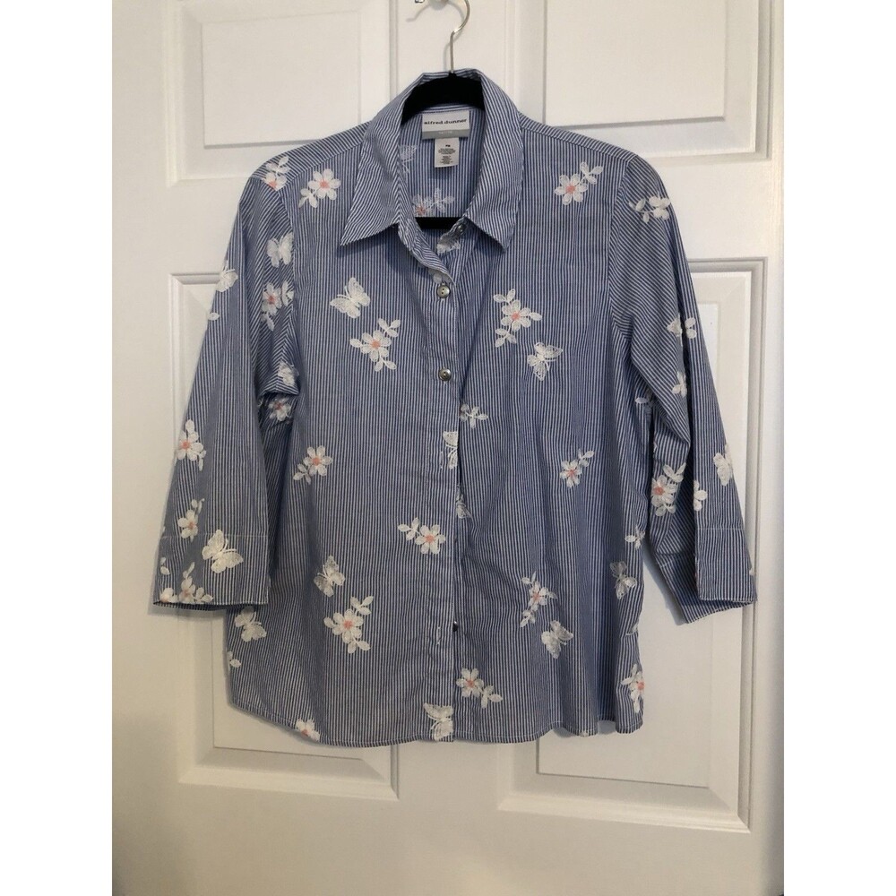 Alfred Dunner Blouse PM Embroidered 3-4 Sleeves Split Hem, Blue &White Pinstripe
